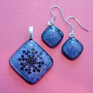 Snowflake dichroic fused glass pendant and earrings